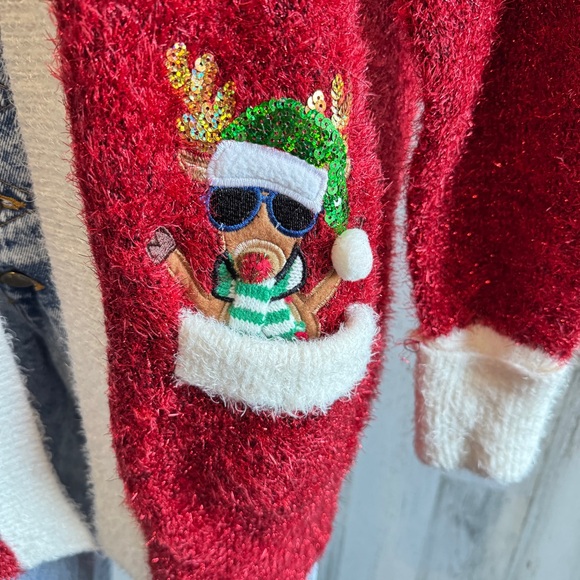 Festive Red Shimmer Christmas Cardigan Kitschy Whimsical reindeer candy canes - Picture 7 of 9